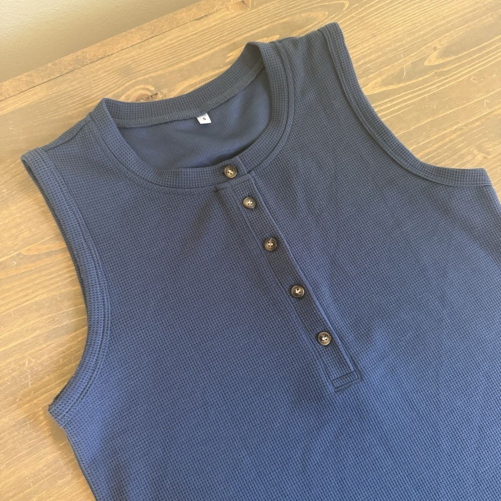 Unbranded Womens Small Navy Blue Waffle Knit Henley Button Tank Top Sleeveless